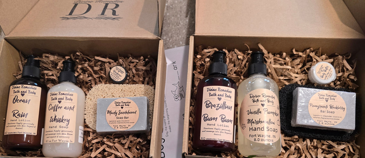 Set of skincare and grooming products in a cardboard box with visible branding.