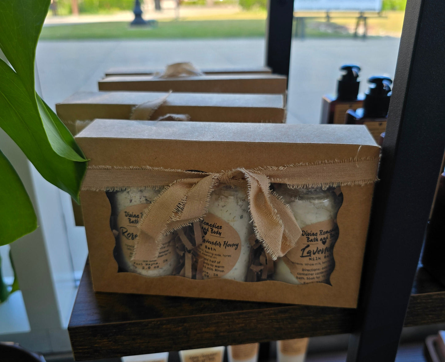 Packaged product with a bow on a shelf, blurred background