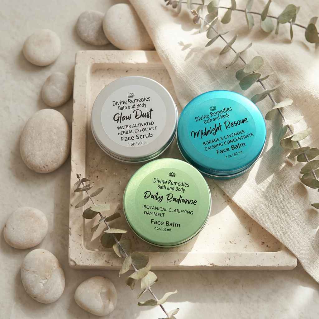 Skincare trio on cream stone with linen
