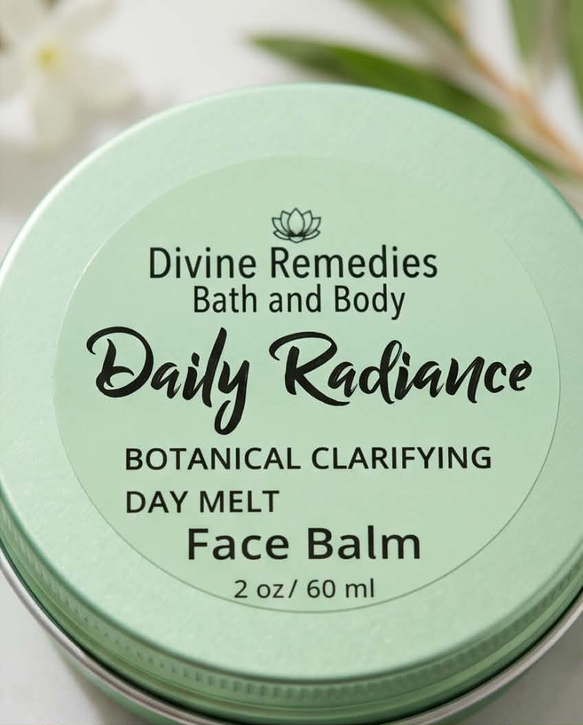 A close-up of a round metal tin of Divine Remedies Daily Radiance Botanical Clarifying Day Melt Face Balm, featuring a pale mint green lid with black text.