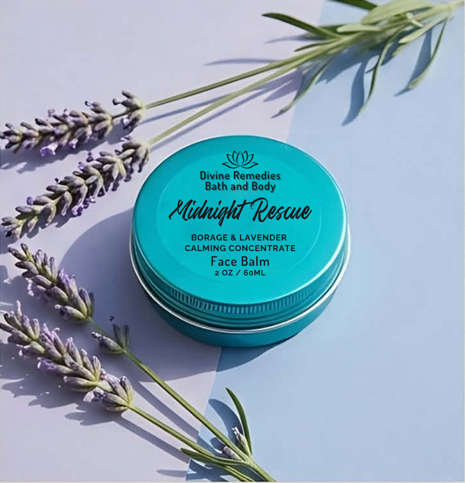 A round turquoise tin of Divine Remedies Midnight Rescue Borage & Lavender Calming Concentrate Face Balm, styled with lavender sprigs on a light lavender background.