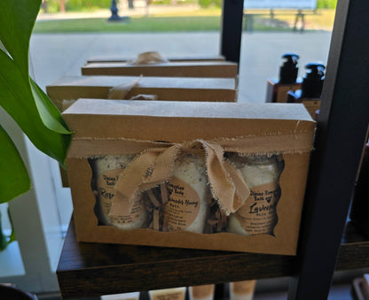 Packaged product with a bow on a shelf, blurred background