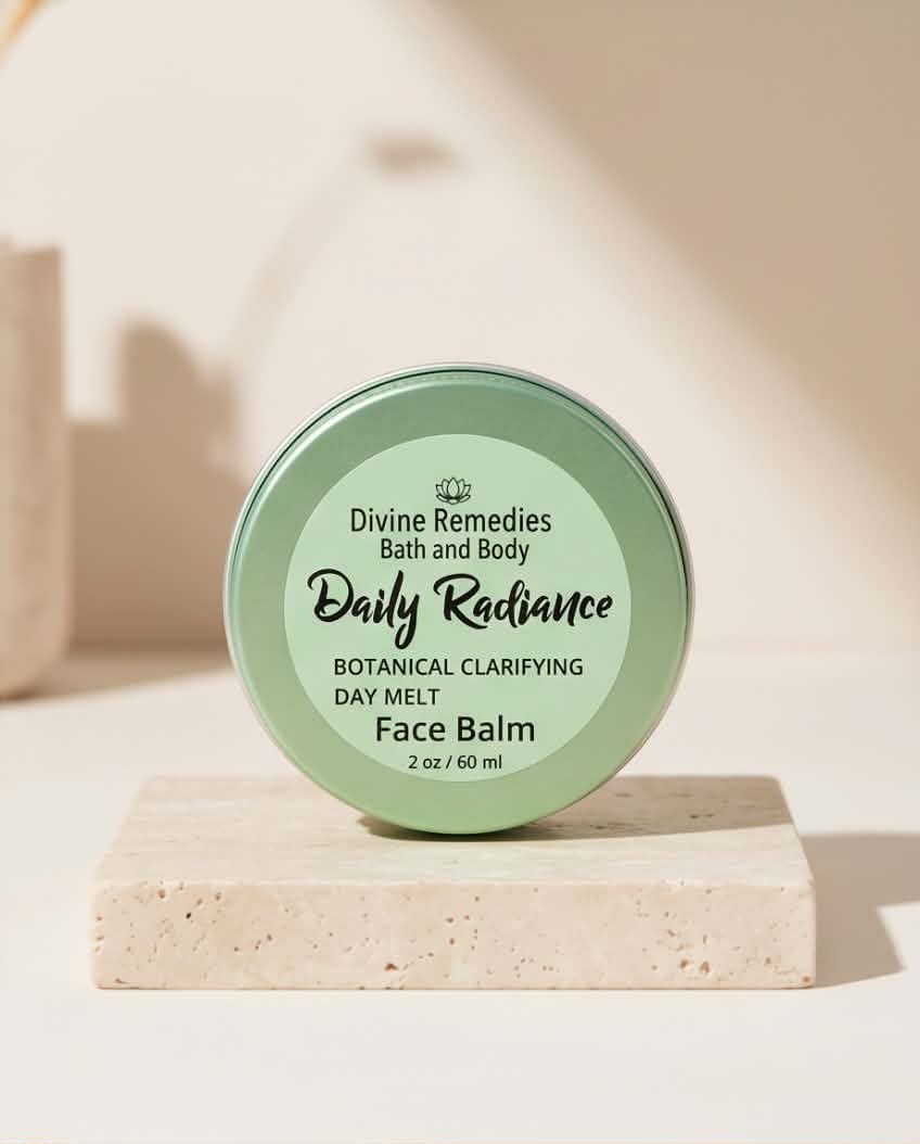 A round mint green tin of Divine Remedies Daily Radiance Face Balm sits on a small beige stone pedestal against a warm beige background.