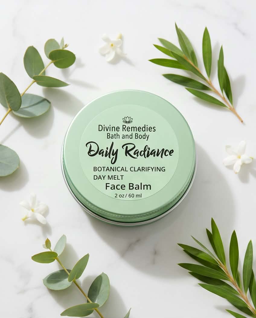 A round tin of Divine Remedies Daily Radiance Face Balm, featuring a light green lid, styled in a flat lay with green eucalyptus leaves and small white flowers on a white marble background.