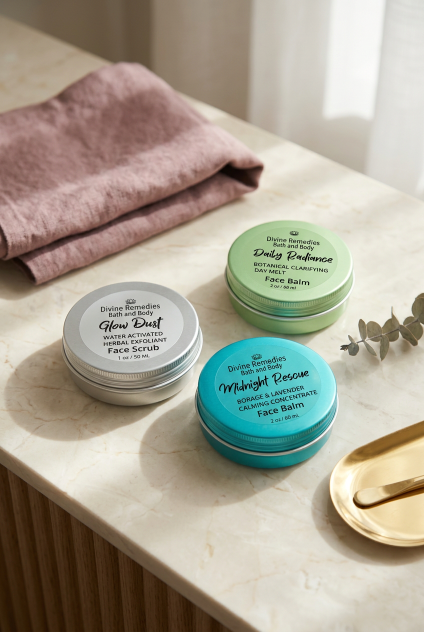 Skincare trio on a softly styled vanity