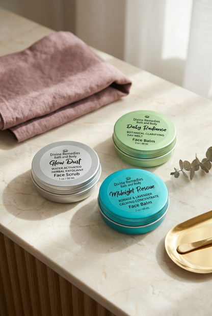 Skincare trio on a softly styled vanity